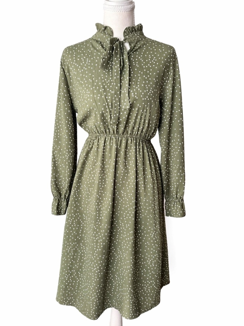 Olive Green Polka Dot Ruffle Tie-Neck Long Sleeve Dress